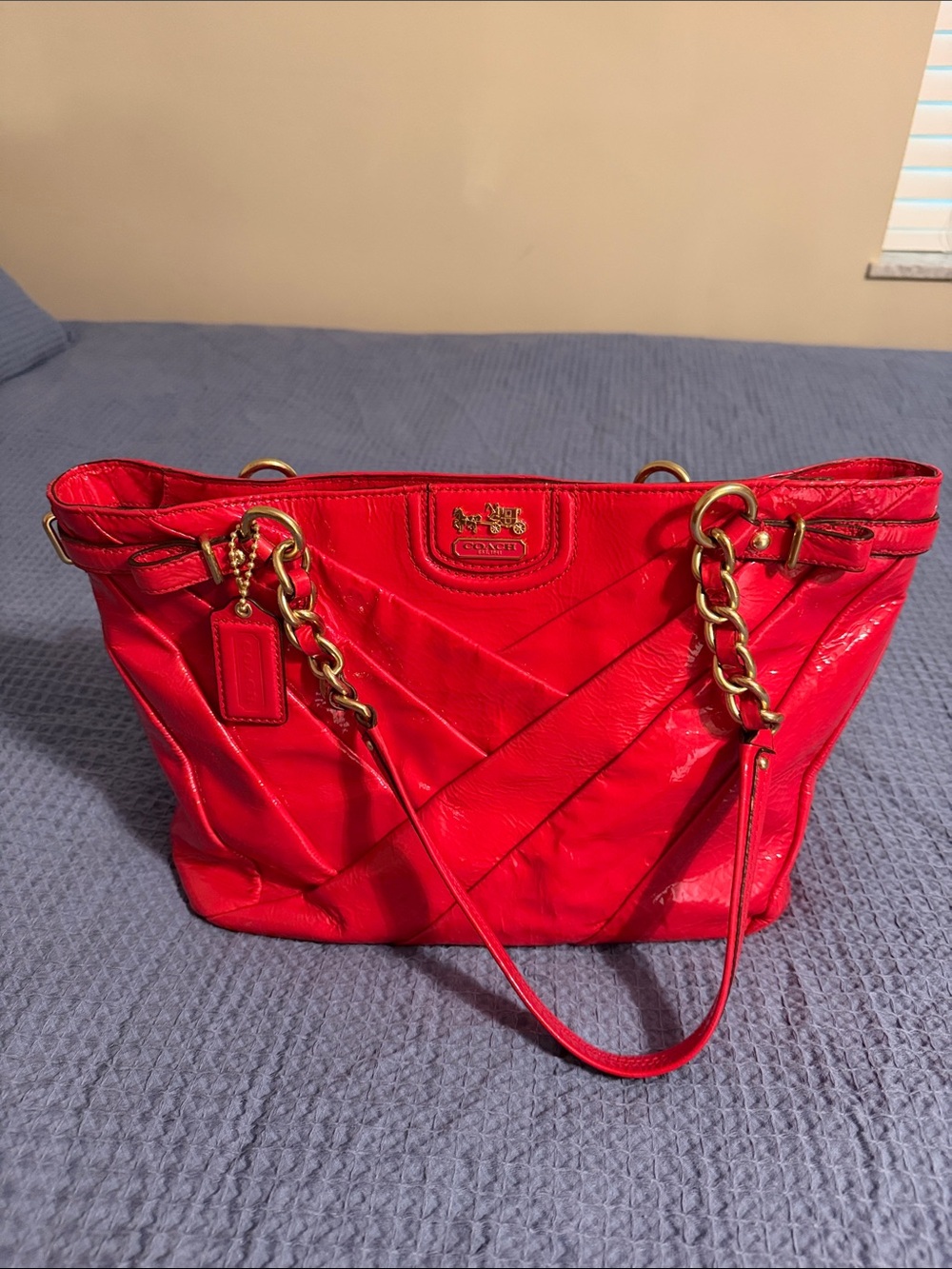 Coach Pleated Geranium/Red Leather Shoulder Tote with Gold Chain Straps